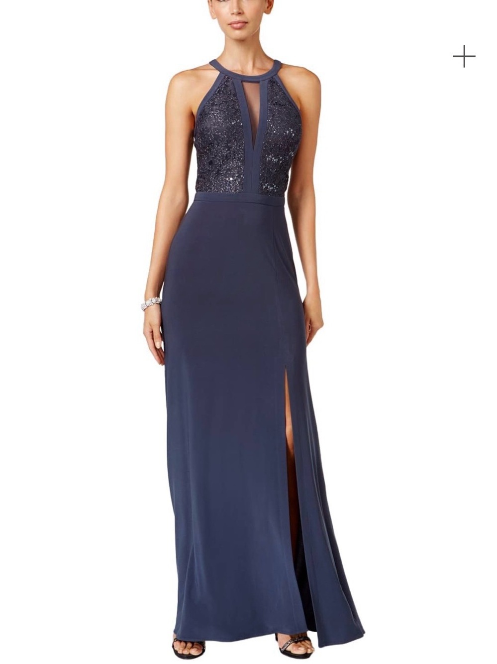 Nightway Formal Grey Lace-Trim Illusion Halter Gown Dress ‘AS IS’ Defect Size 10